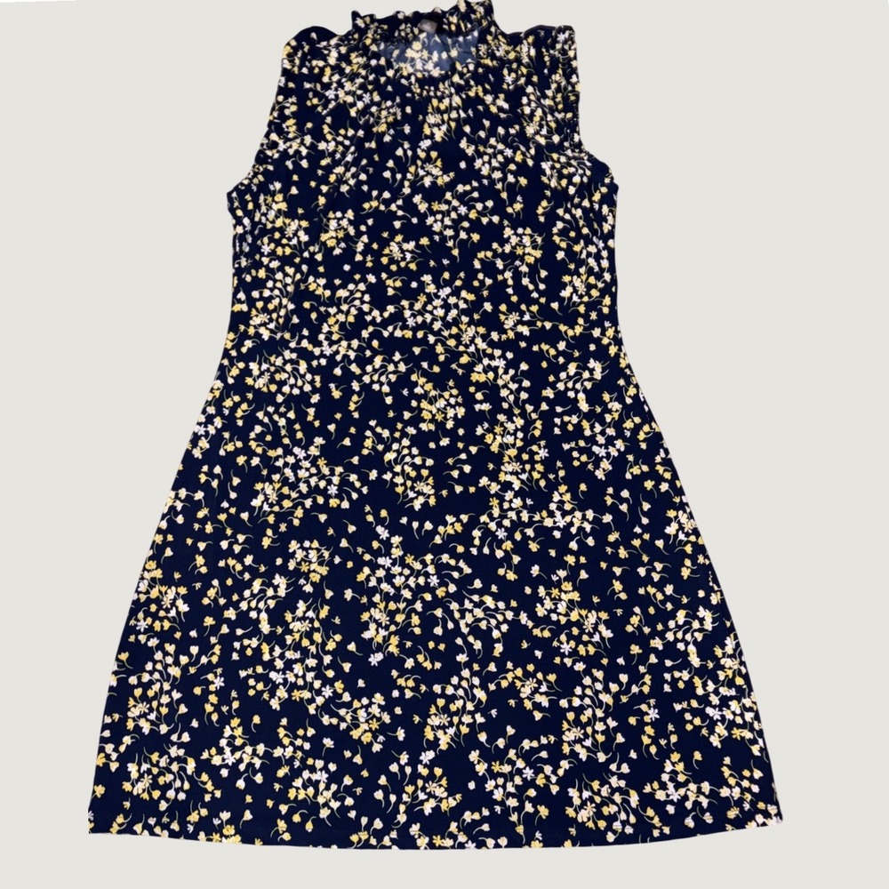 Tommy Hilfiger Navy Blue Floral Ruffle Mock Neck A-Line Dress Womens 12